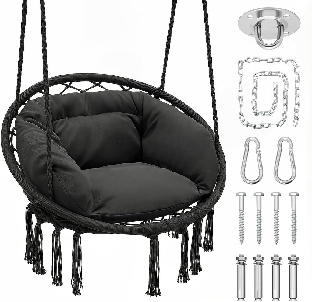 Magshion Macrame Hanging Hammock Chair with Cozy Full Cushion, Black
