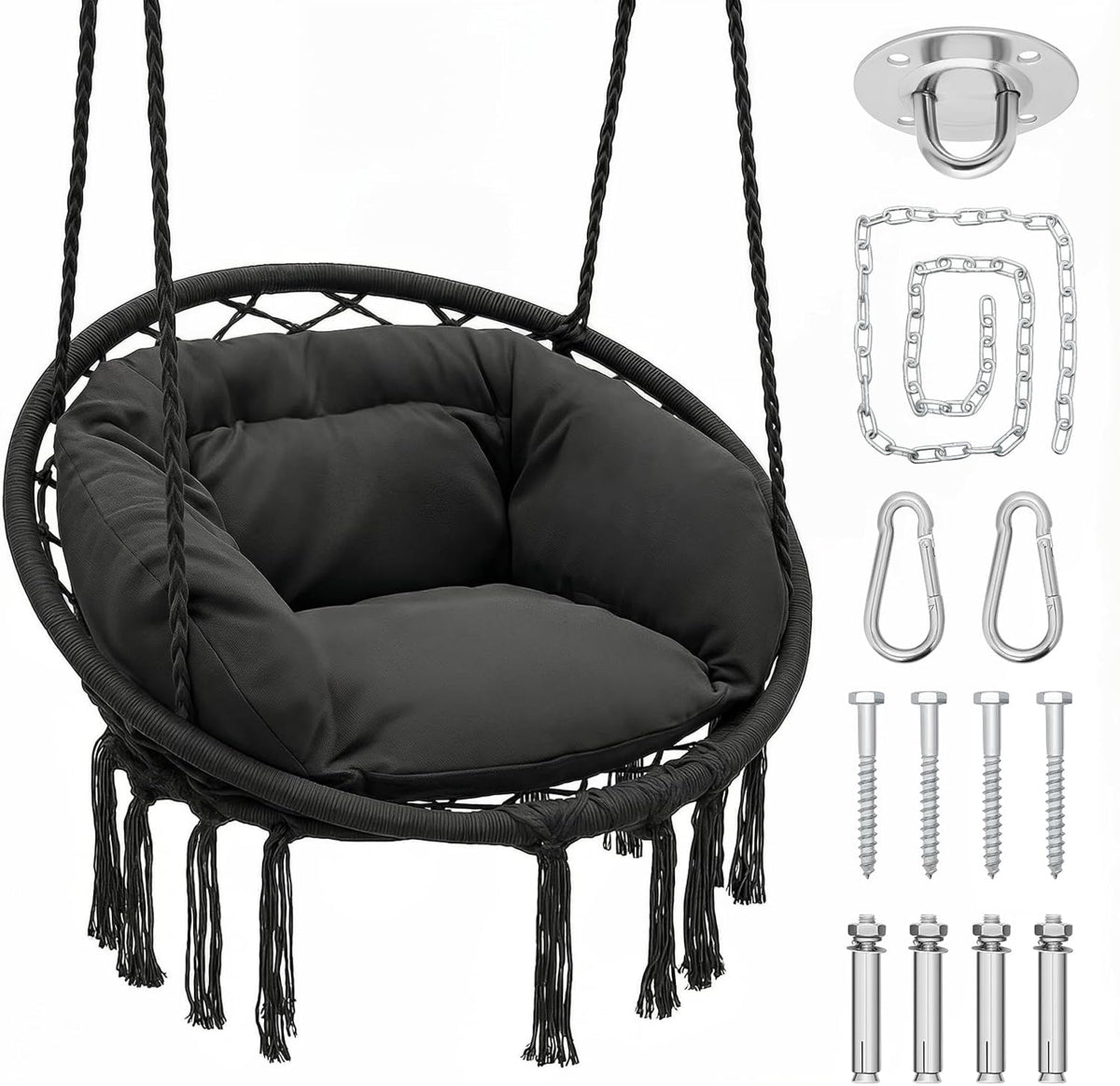 Magshion Macrame Hanging Hammock Chair with Cozy Full Cushion, Black