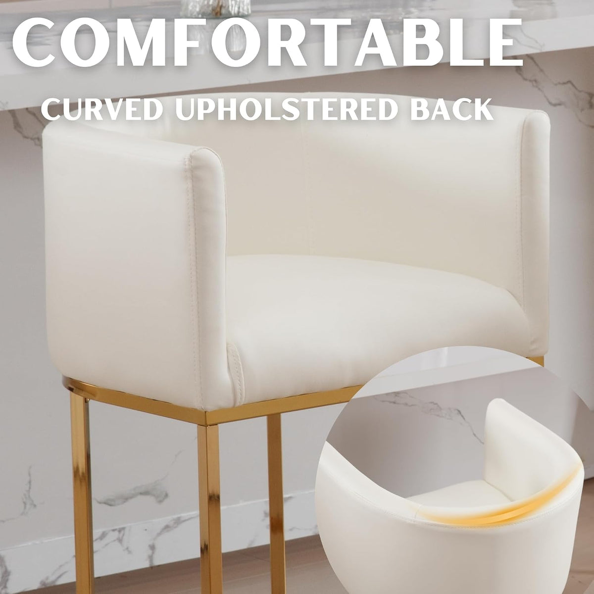 RIVOVA PU Leather Bar Stools Set of 4, Modern Upholstered Counter Height Bar stools 24" Leather Barstools Barrel Kitchen Counter Island Stools with Golden Metal Base, White