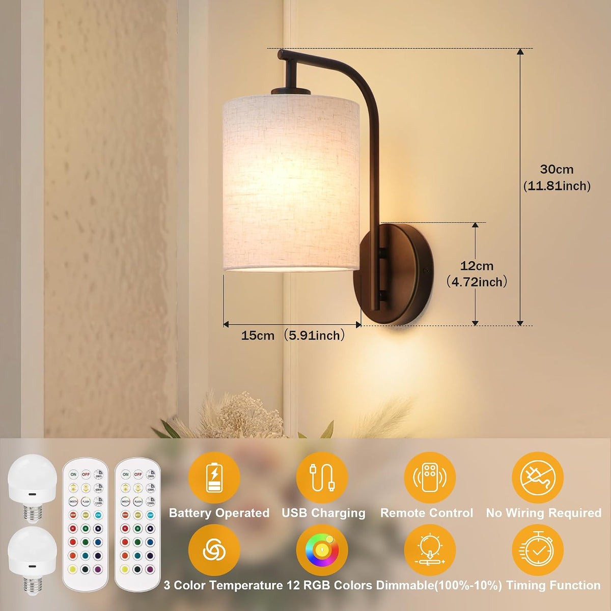 MATAMEYE Battery Operated Wall Sconce Set of 2, Black Wall Light Fixture