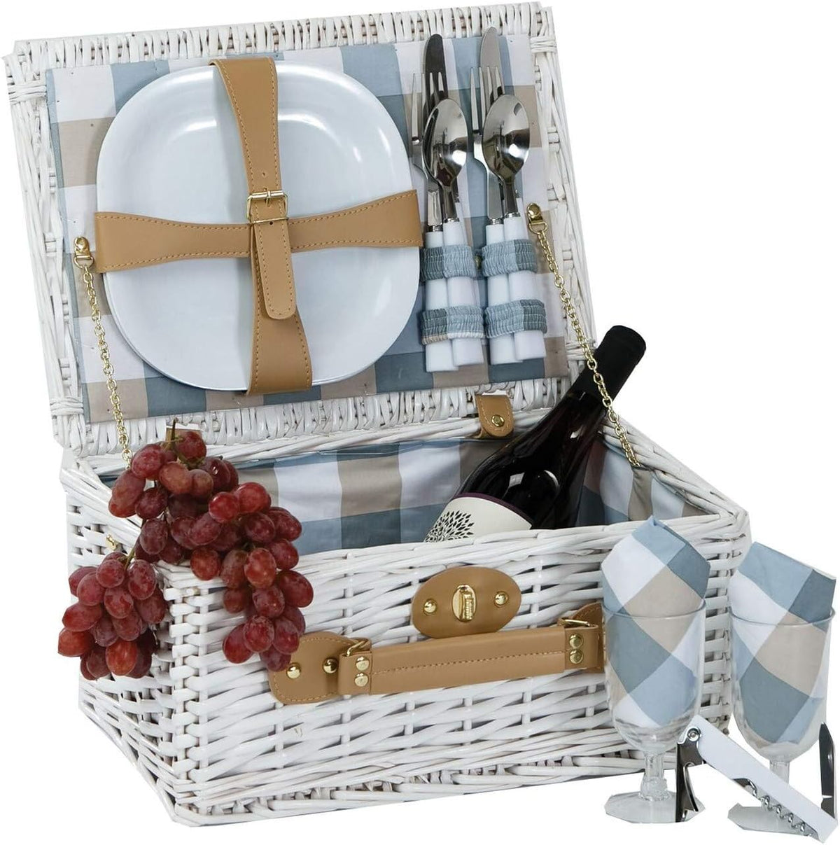 Boothbay White 2 Person Willow Picnic Basket Set with Plates Flatware Wine Glasses Cotton Napkins Corkscrew 14 pcs Included