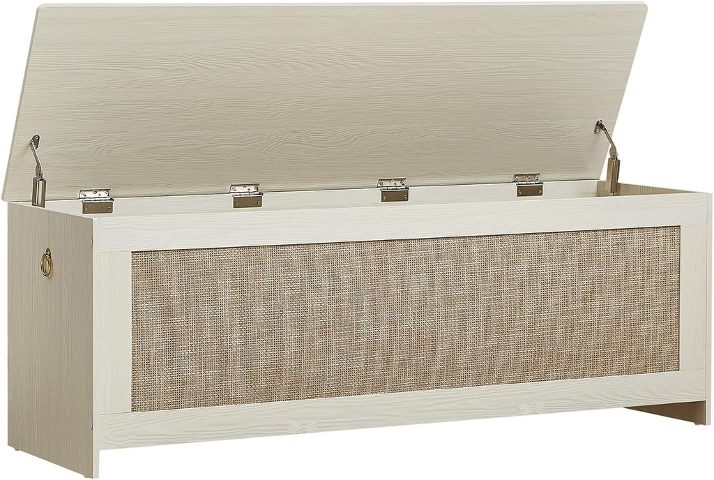 51.2" Storage Chest Large,Wooden Rattan Storage Bench.(White Cream)