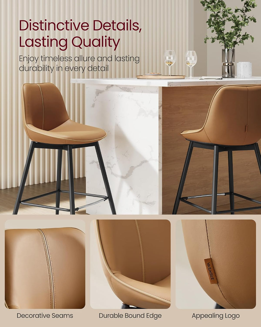 VASAGLE Bar Stools Set of 2, Counter Height, with Back, 24.8-Inch