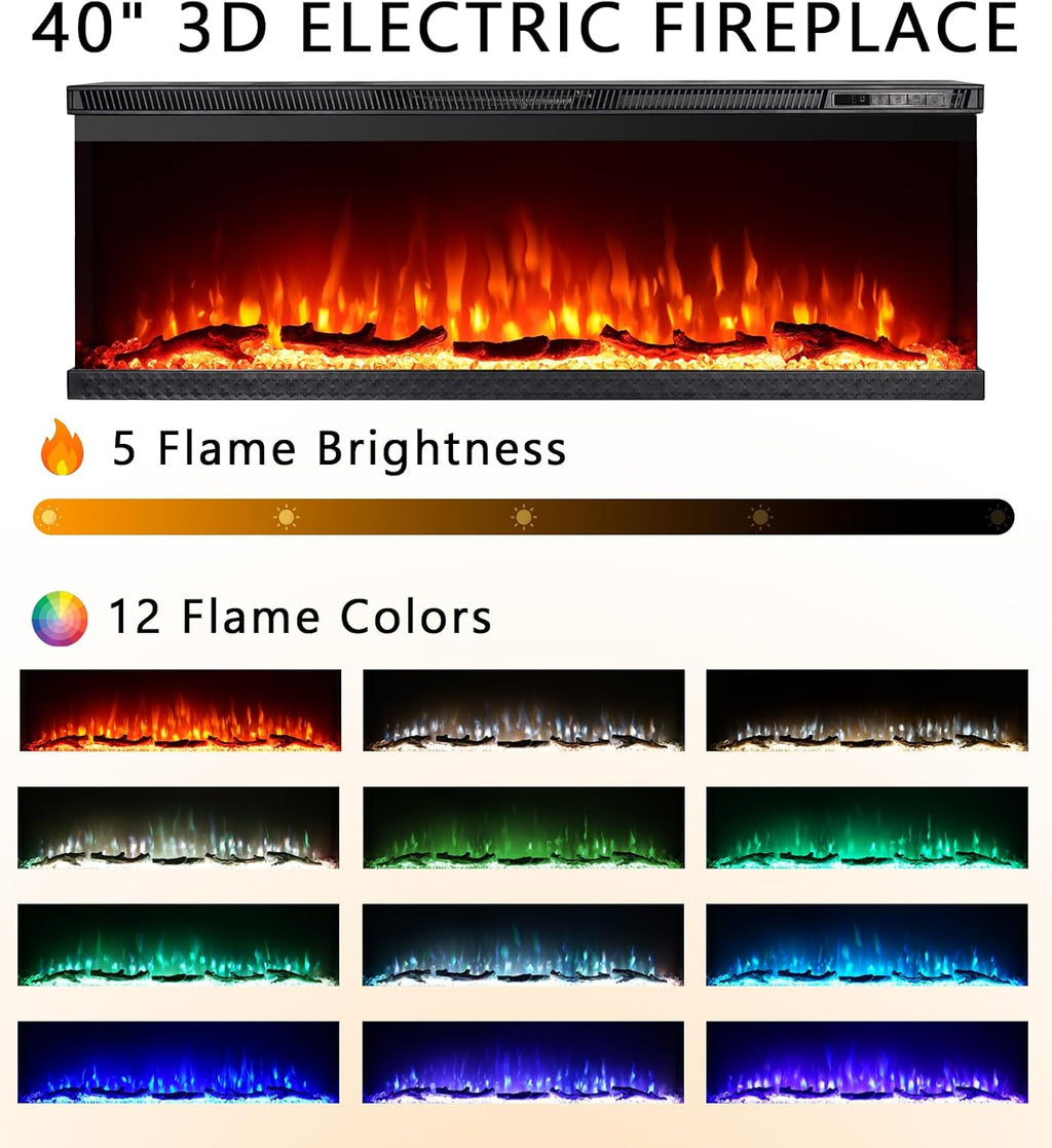 3-Sided View Electric Fireplace Insert - Minimalist Mantel - 12 Color Flame Effect - 1500/750 Watt Heater - Remote Control - Log & Crystals(40", White)