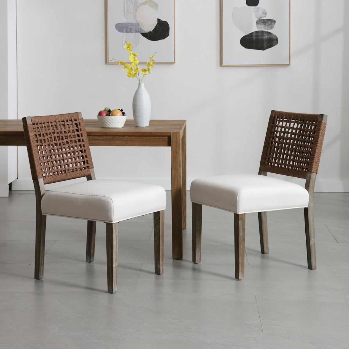 LZAREAL Farmhouse Dining Chairs Set of 4 Linen Fabric Upholstered Accent Side Chair, Mid Century Modern Kitchen & Dining Room Chairs with Woven Rope Back for Home, Living Room, Bedroom - Beige