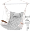 Hammock Chair Hanging Swing with Wooden Armrest;Steel Spreader Bar,Pillows,Hardware kit Included;Cotton Woven Fabric;Up to 350 Lbs,for Indoor Light Grey