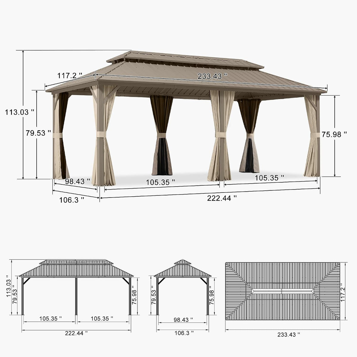PURPLE LEAF Outdoor Hardtop Gazebo 10' x 20' Champagne Aluminum Structure