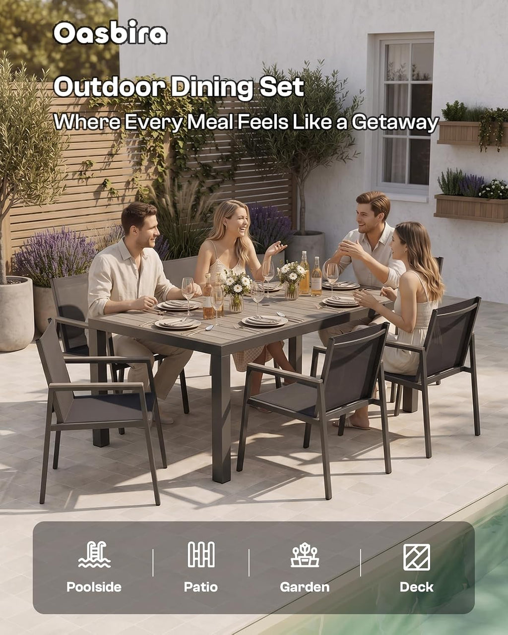 Outdoor Dining Set, 7 Piece Aluminum Patio Table and Chairs Set, All Weather Patio Dining Furniture Set with Umbrella Hole for Backyard, Deck, Poolside (Gray)