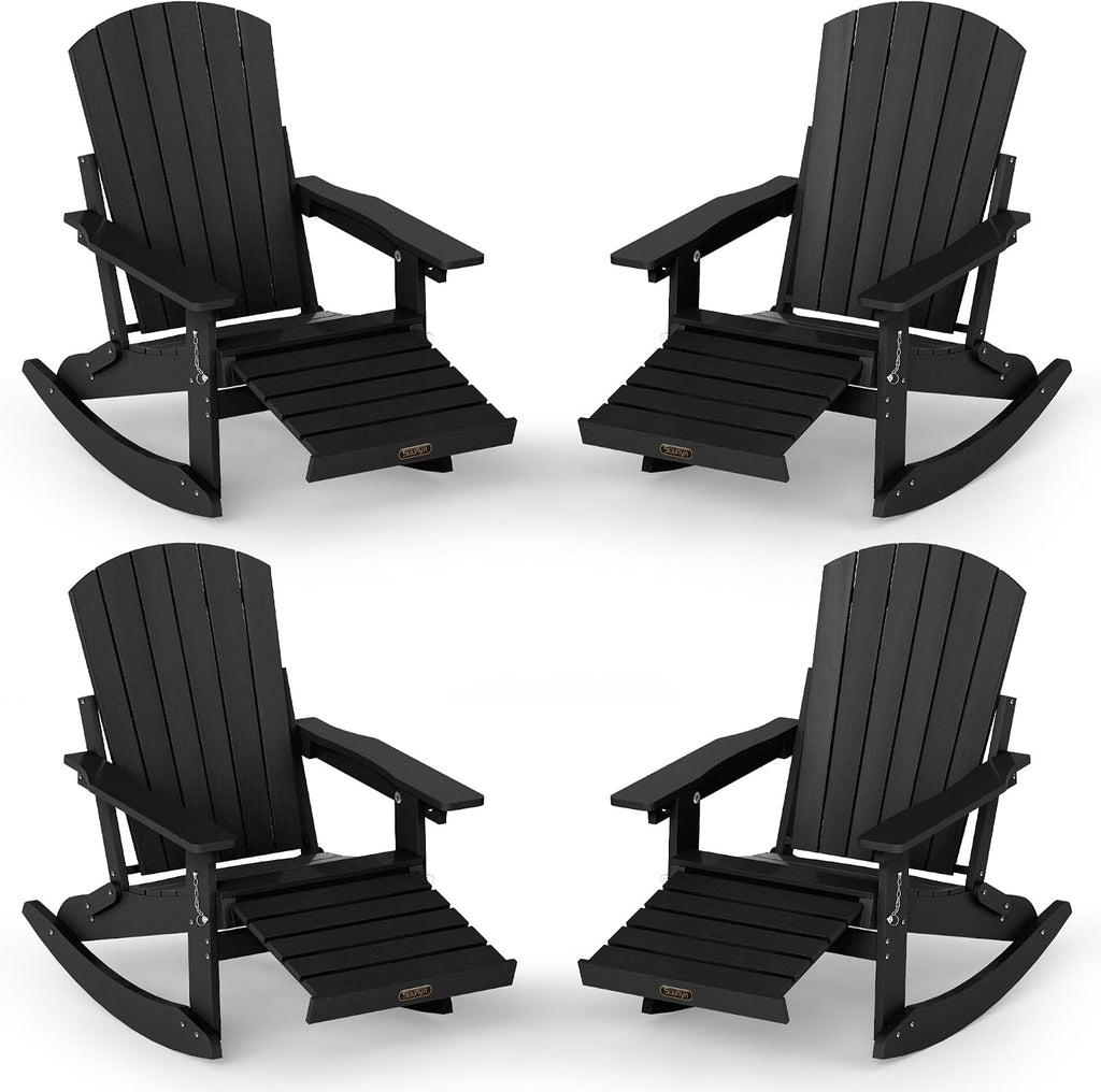 4-in-1 Adirondack Rocking Chair Set of 4, HDPE, Ottoman, Black