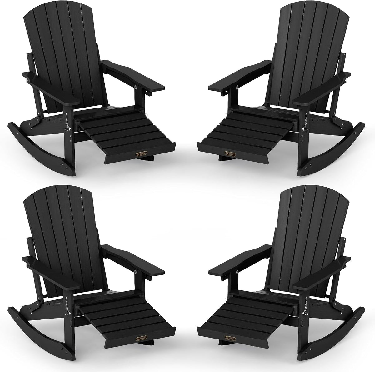 4-in-1 Adirondack Rocking Chair Set of 4, HDPE, Ottoman, Black