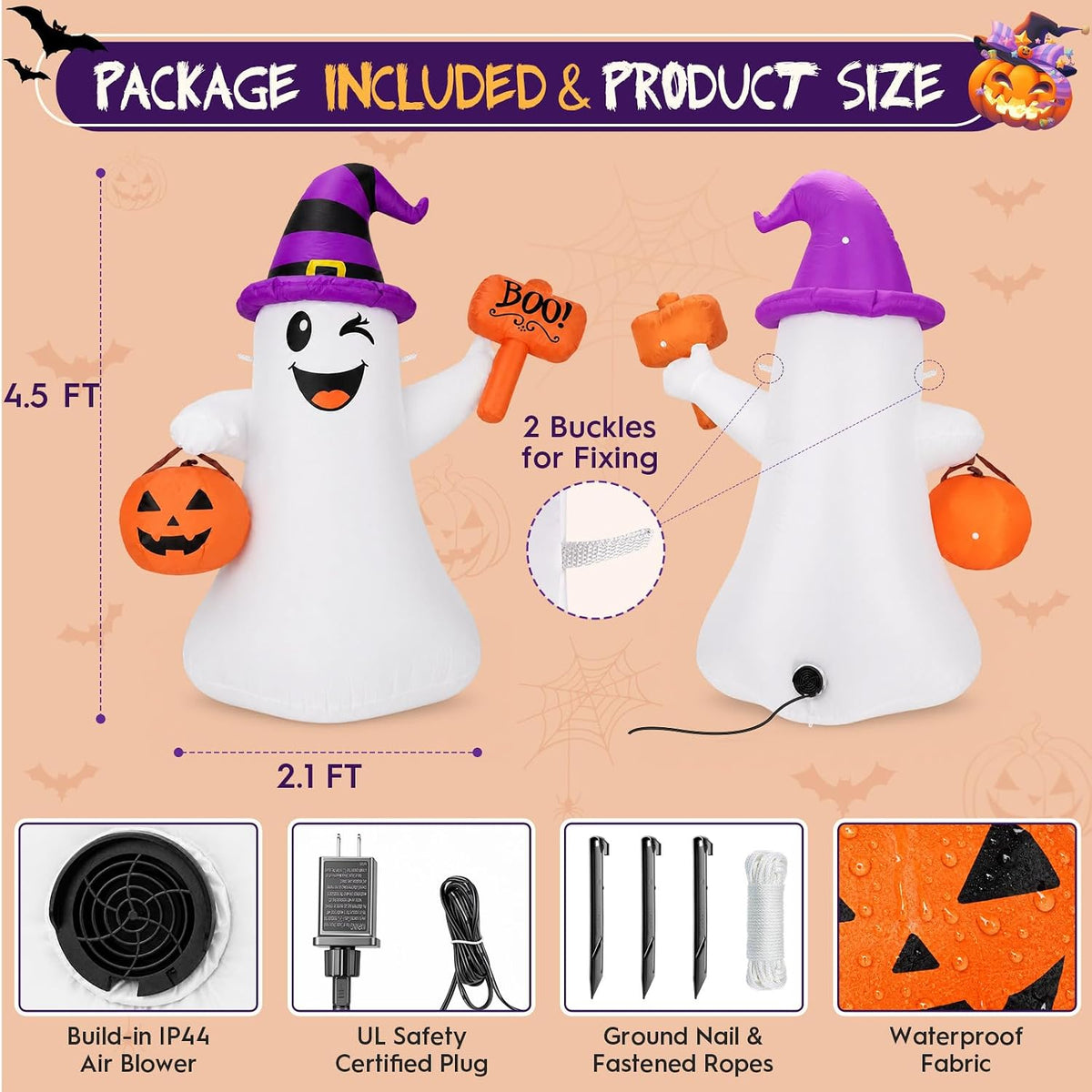 4.5 FT Halloween Inflatables Ghost with Pumpkin Boo, Halloween Decorations Outdoor with Build-in LED Lights Blow Up Cute Wizard Ghost Inflatables for Garden Lawn Yard Party Decor