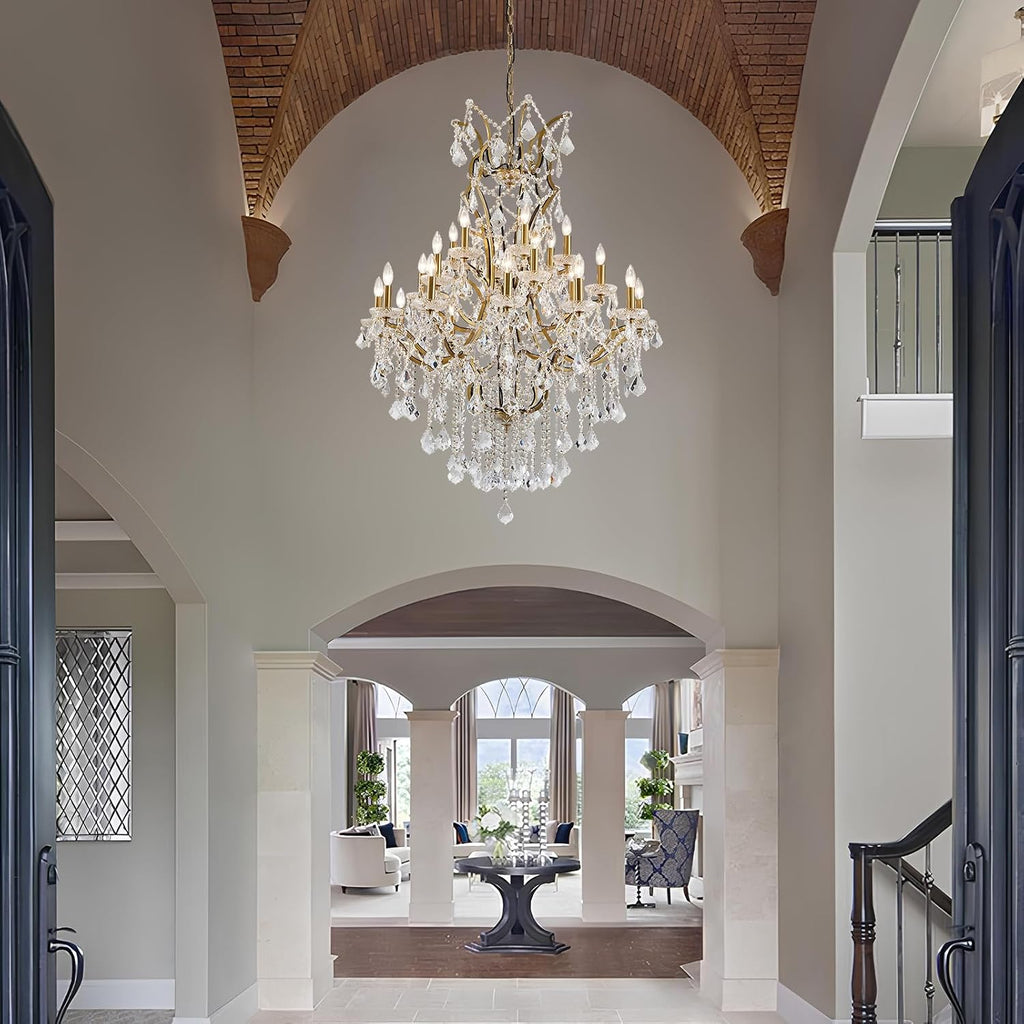 24 Lights Large Crystal Chandeliers for High Ceilings Brass Maria Theresa Chandelier Modern Chandelier Light Fixture for Foyer Living Room Hallway Entryway Staircase 55.1" H x 39.4" D