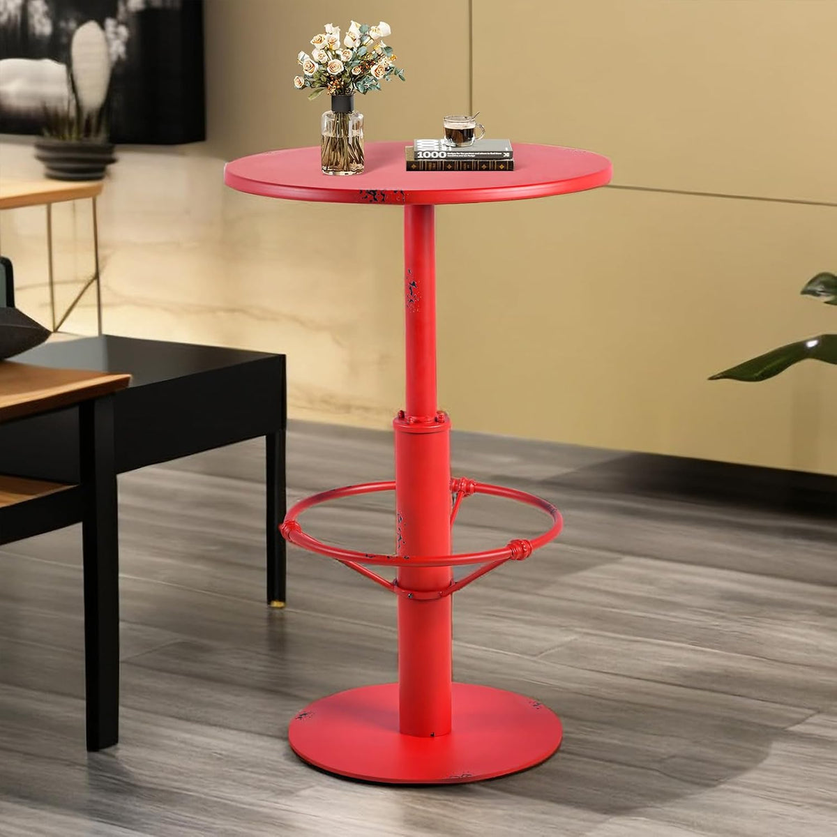 Industrial Pub Table 23.6" Iron Round Desktop 37.4" Height Cast Iron Bar Table Antique Red