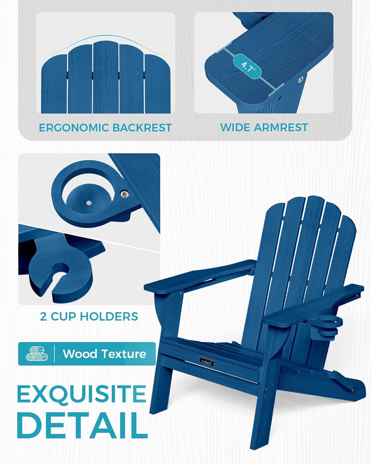 Folding Adirondack Chair, All-Weather HDPE Patio Chair with 2 Cup Holders