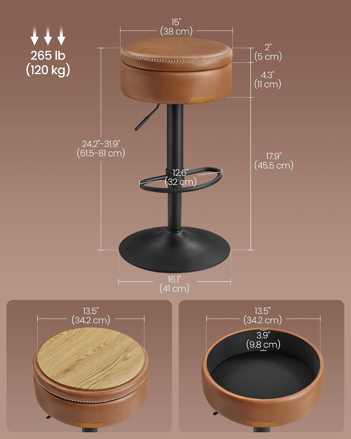 VASAGLE 360° Swivel Bar Stools Set of 2, Height Adjustable, with Storage