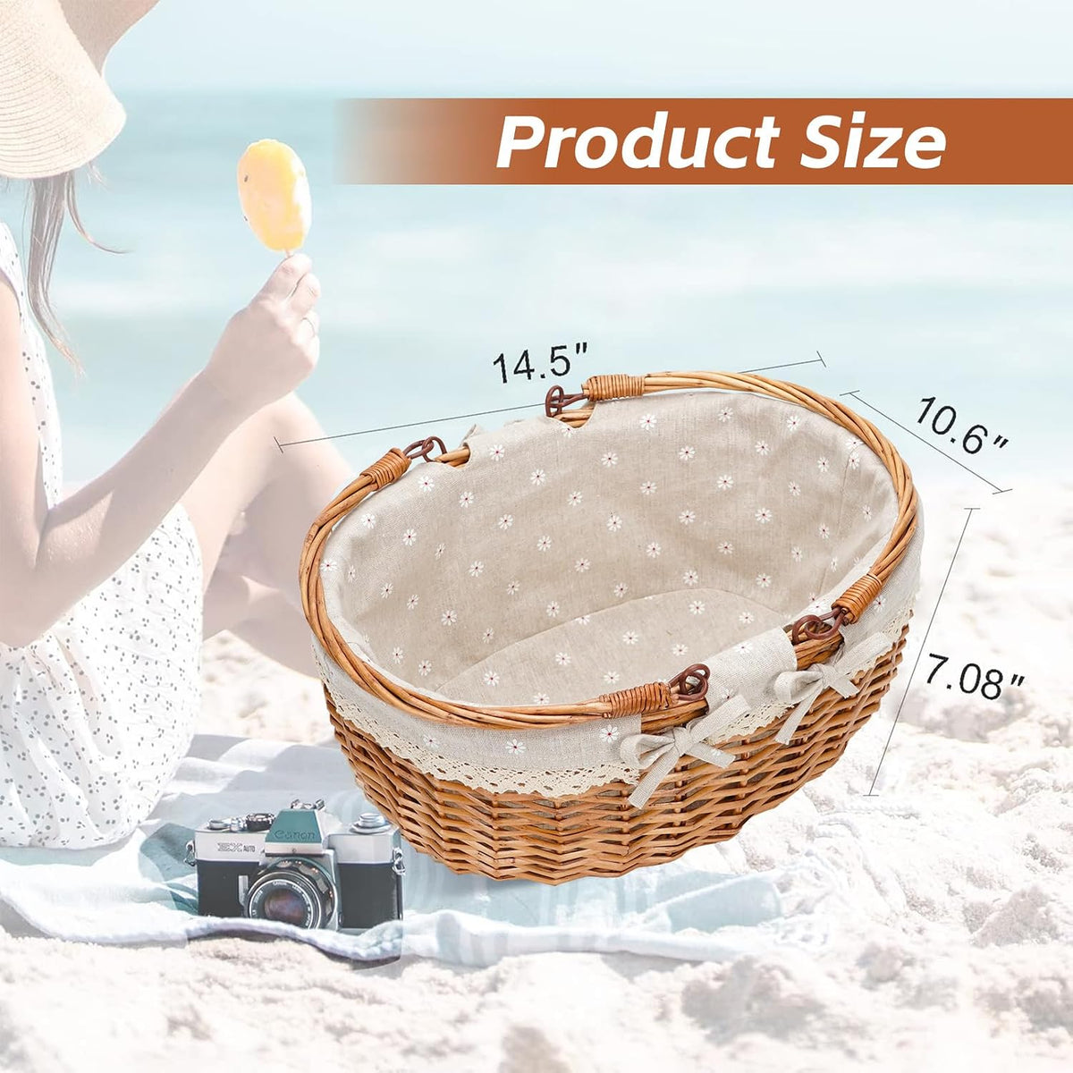 Good GAIN Wicker Picnic Basket w/Fold Handles,Willow Empty Baskets,Cream