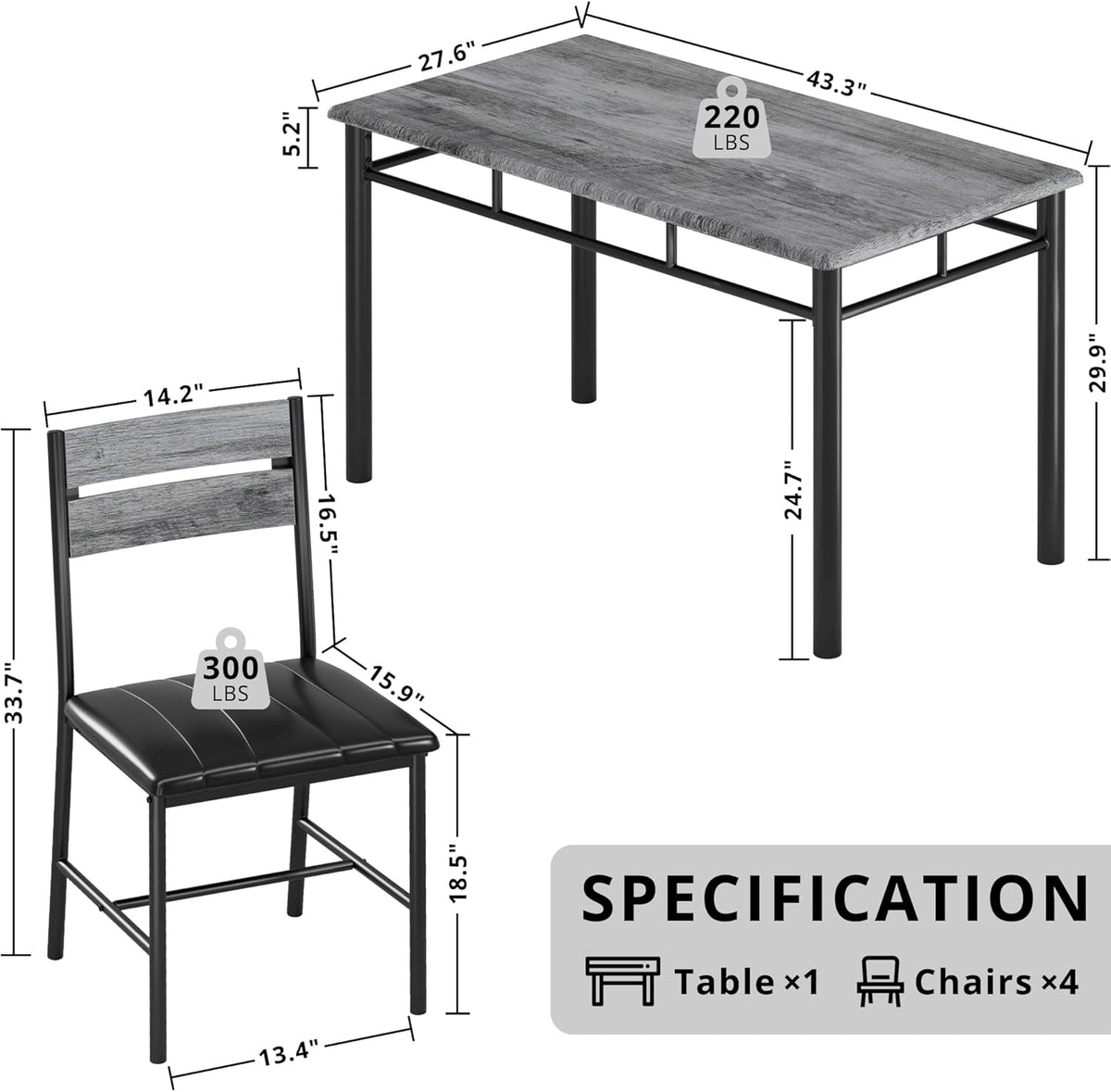 IRONCK Dining Table Set for 4, Grey