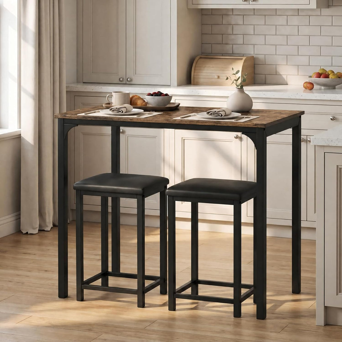 COSTWAY Dining Table Set, Counter Height Table, 2 Upholstered Stools