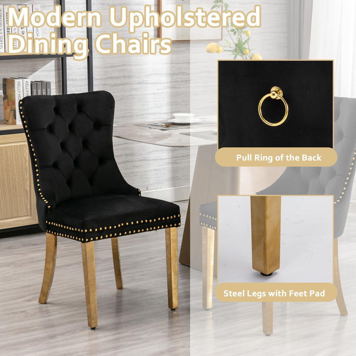 Henf 5 Piece Dining Table Set for 4, Glass Round Dining Table with 4 Black Fabric Dining Chairs, 36'' Round Gold Dining Room Table Set for Small Space, Compact Kitchen Table and Chair Set for 4