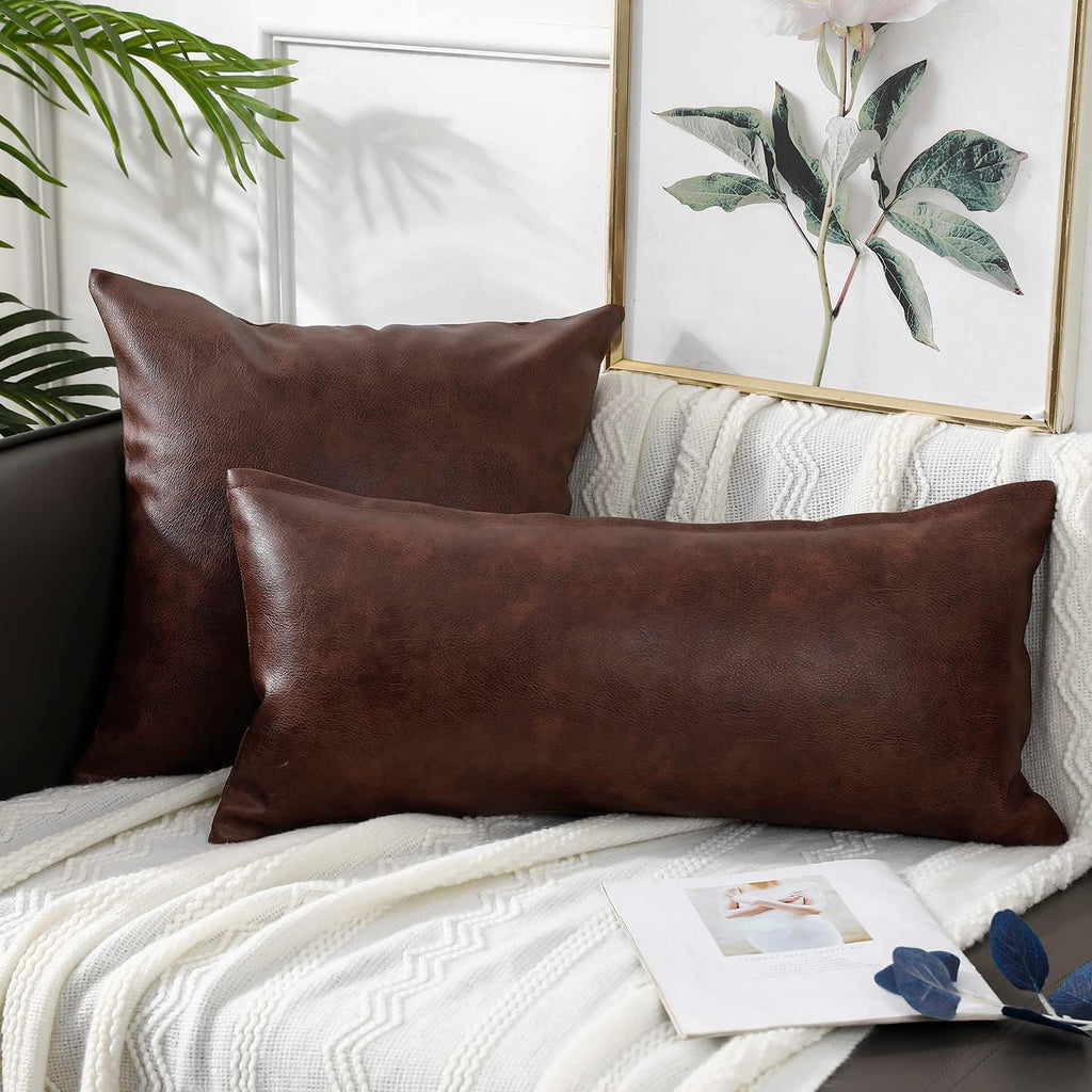 PANOD Decorative Lumbar Throw Pillow Covers 16 x 36,Premium Faux Leather Long Pillow Covers Cushion Case for Farmhouse Sofa Couch Bed Livingroom,Modern Boho,Vegan Dark Brown
