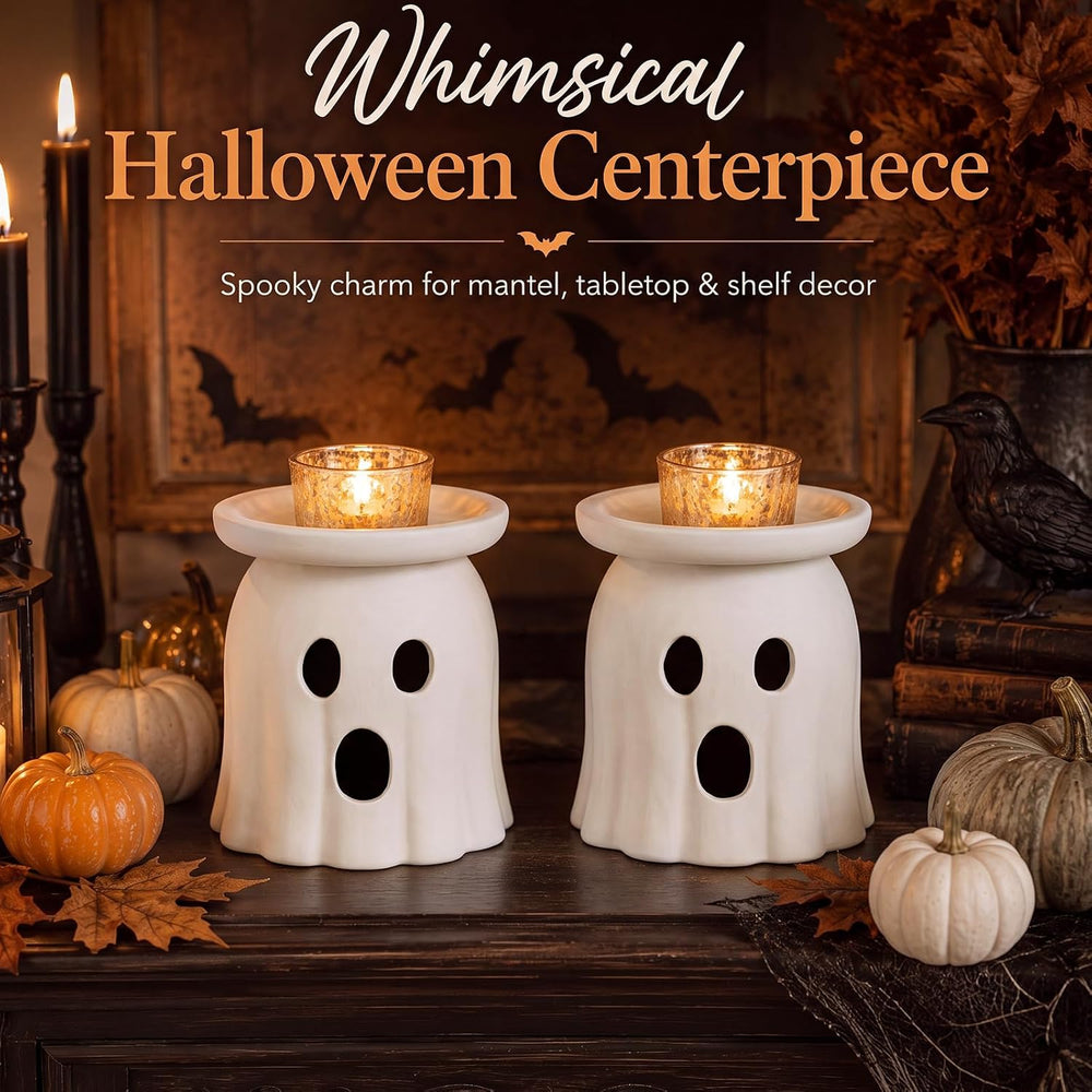 Tioncy 2 Pcs Halloween Terracotta Ghost Candle Holder Table Decor White