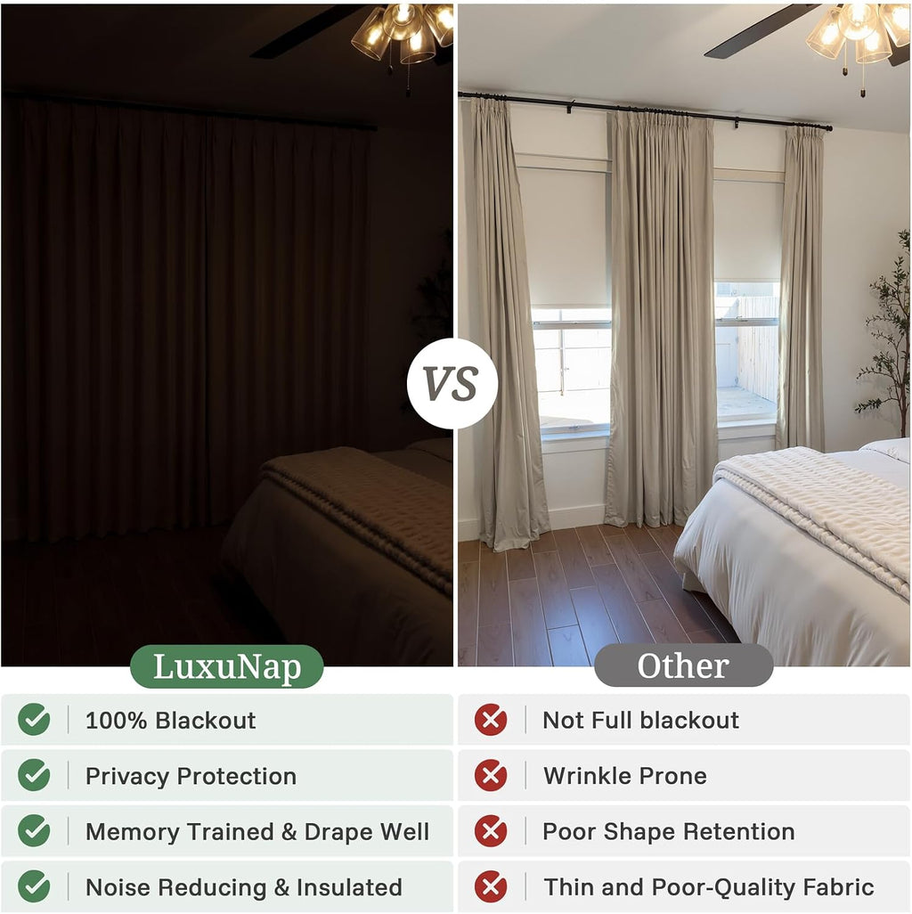 Pinch Pleated Linen Blackout Living Room Curtains 4 Panels Set 96 Inches Long, Natural Memory Trained Double Layer Linen Soundproof Thermal Modern Window Curtain & Drapes for Sliding Doors 8 FT Length
