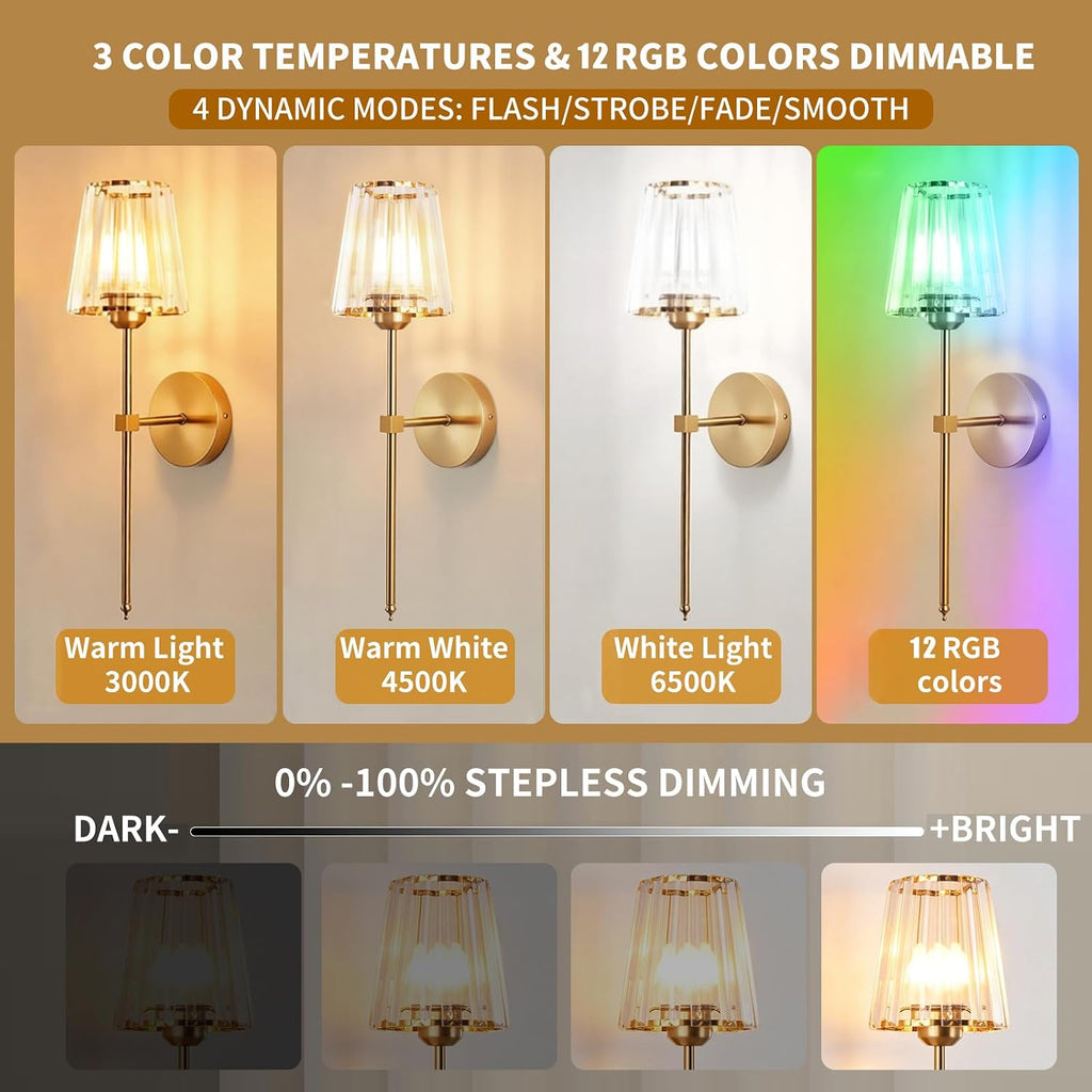 Battery Operated Set of 2, Rechargeable Wall Sconce with Crystal Lampshade