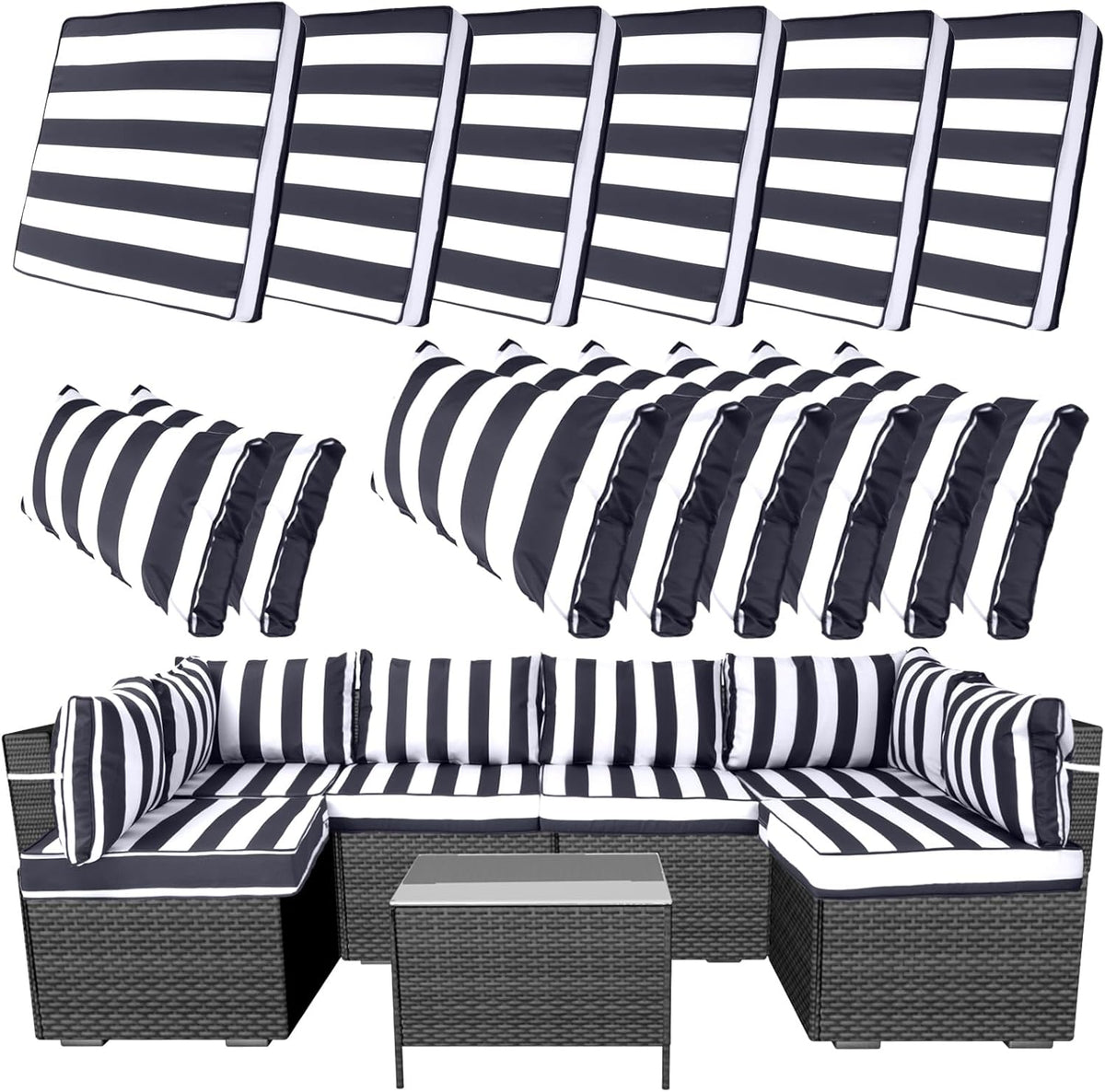 14 Piece Outdoor Furniture Replacement Cushions, Cover+Filling, 25.6" x 25.6" x 4" Foam Waterproof Outdoor Sofa Cushion Sets, Fit Wicker Rattan Sectional Conversation Set, Grey Black Stripes