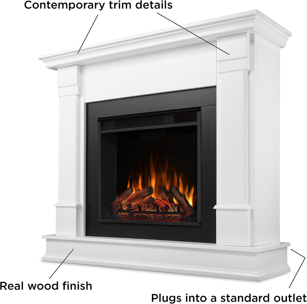 Real Flame Silverton 48” Electric Fireplace with Mantel for Living Room or Bedroom, Replaceable Fireplace Insert Heater, Realistic Log and Flame Effect, Remote Control, Timer, White