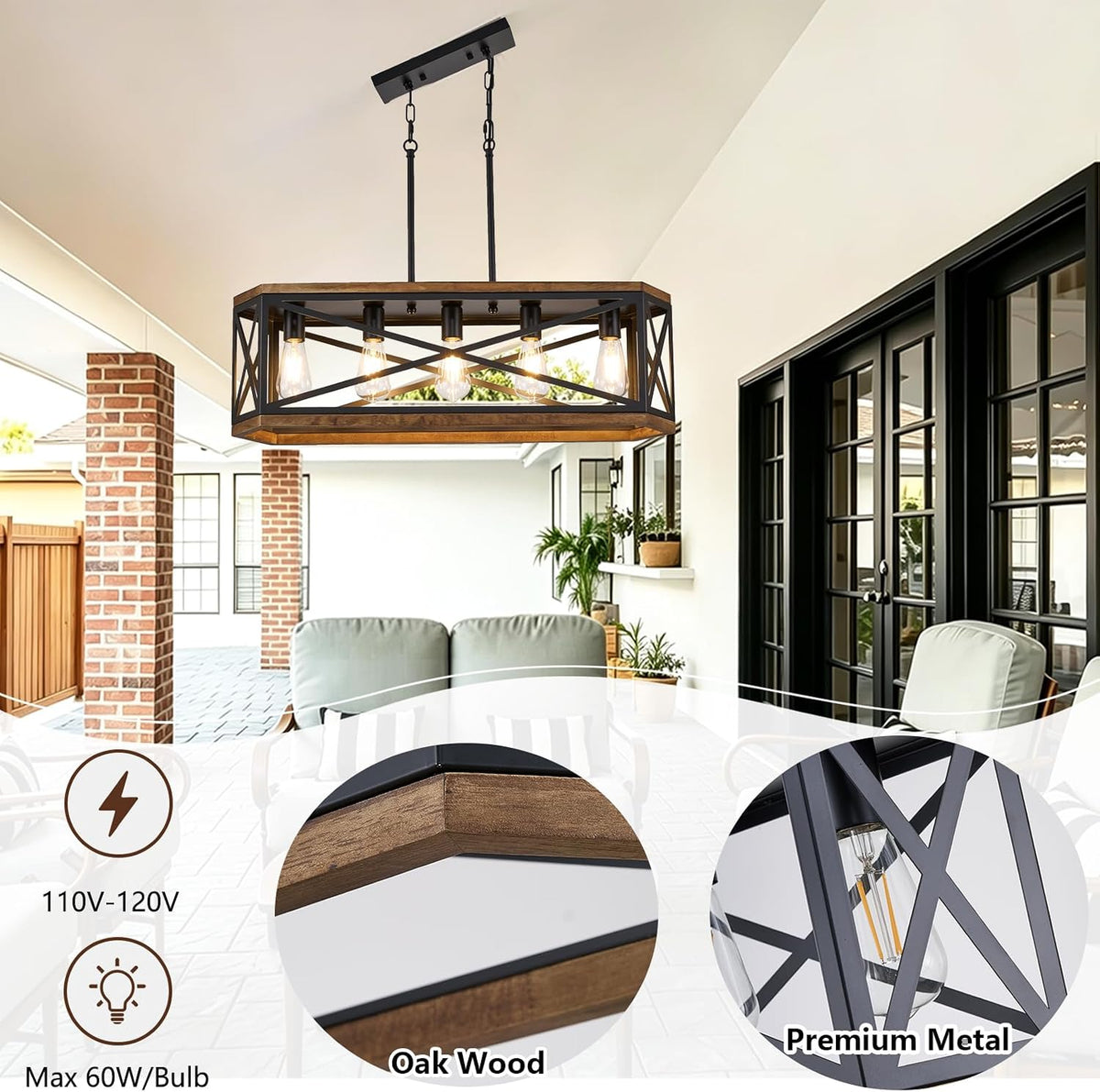 5-light rustic dining room light fixture,31" farmhouse kitchen, close-up detail