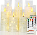 Raycare Flameless Candle with Remote Timer, 7 Flickering Acrylic Battery Operated LED Pillar Candles with Embedded Star String for Halloween, Home Decor, and as a Gift(Ivory) (7 Pack)