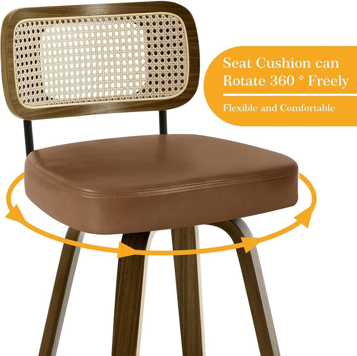 Bekrvio Swivel Bar Stools Set of 4, Upholstered Faux Leather Barstools with Rattan Back, 29" Seat Height Bar Chairs for Kitchen Island, Bentwood Wood Frame, Brown