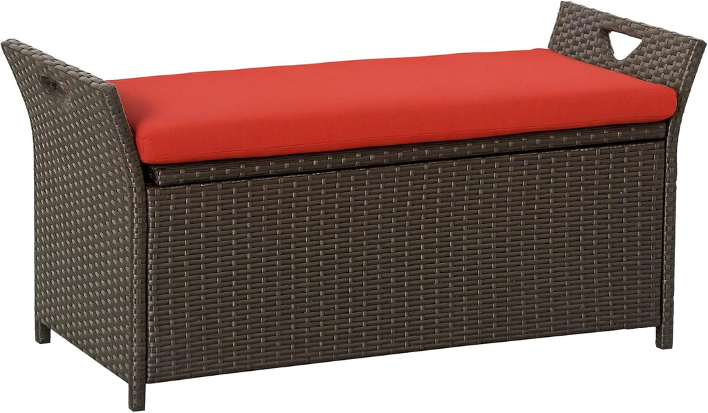 Outsunny 29 Gallon Patio Wicker Storage Bench Outdoor PE Rattan Red