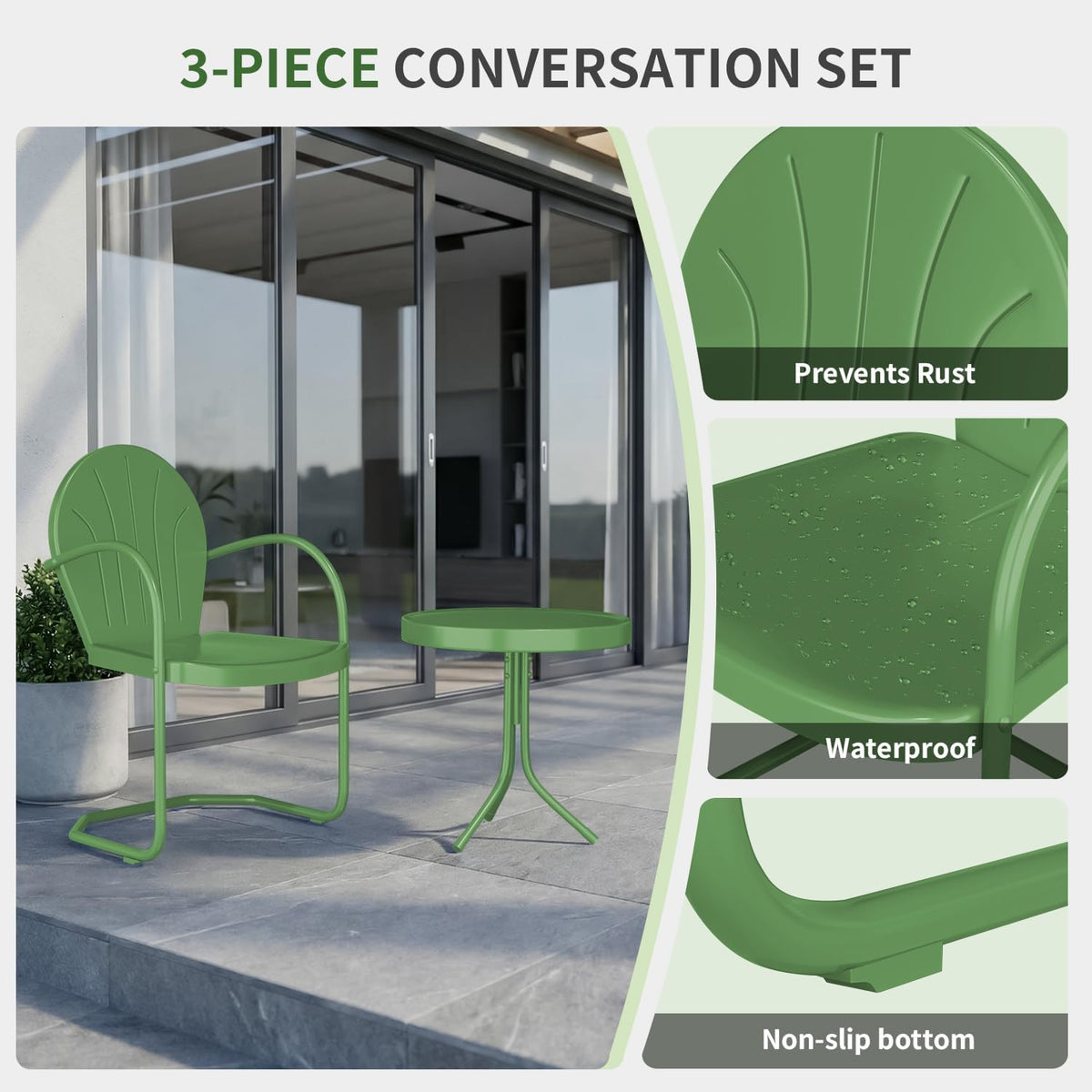 Outdoor 3-Piece Metal Bistro Set, Patio Conversation Set of 2,Green
