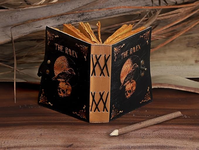 Leather Gothic Journal Magical Raven Skull Spiral Notebook Mystery Crow Journal Grimoire Witchcraft Spellwork Journal Great for Halloween and Raven Lovers Aesthetic Leather Journal for Men and Women (8 x 6 inches)