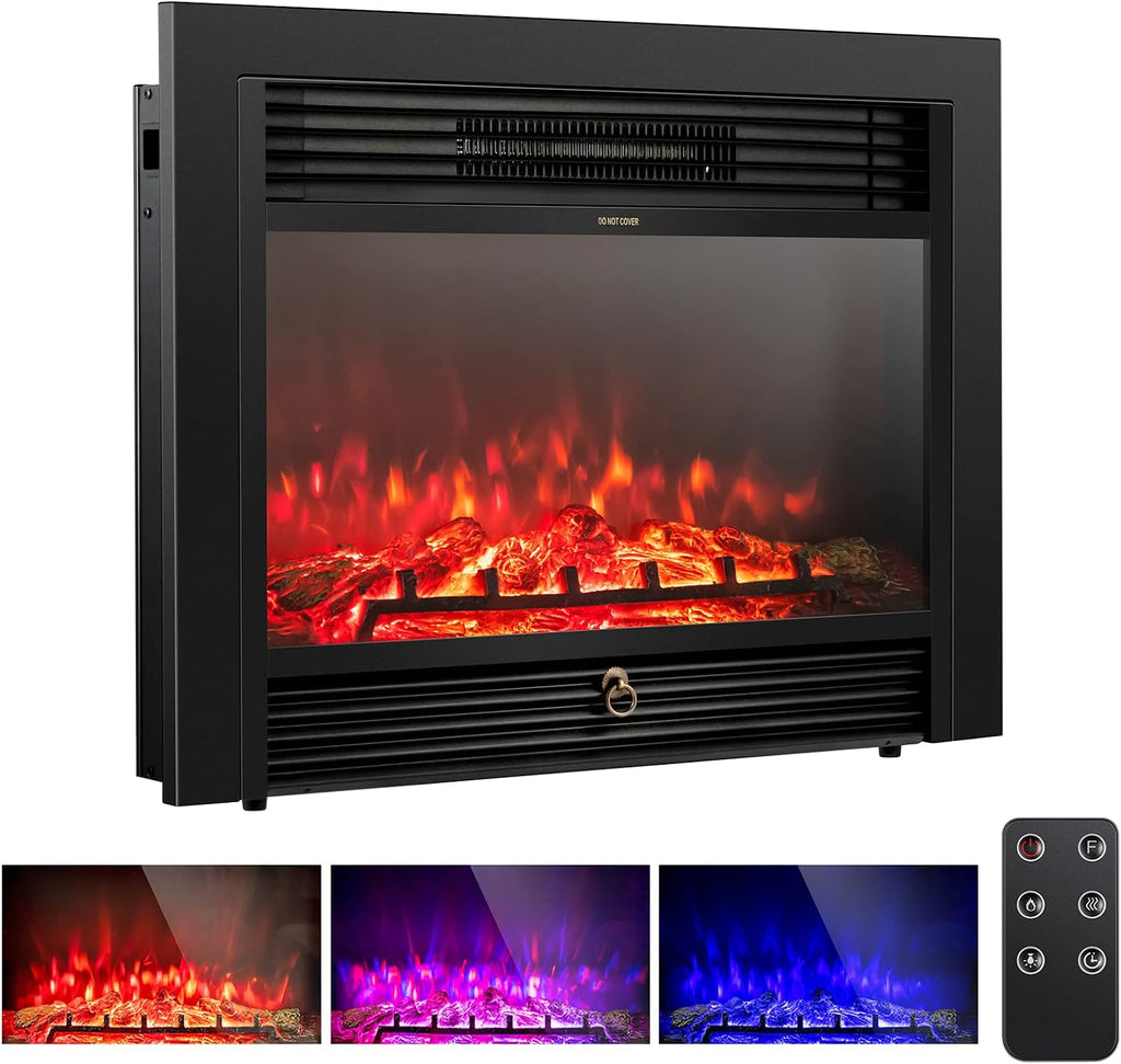 GLACER 28.5'' Electric Fireplace Insert, Recessed & Freestanding with Adjustable Flame Color Timer, Indoor Heater w/Remote Control (750W/1500W) Black