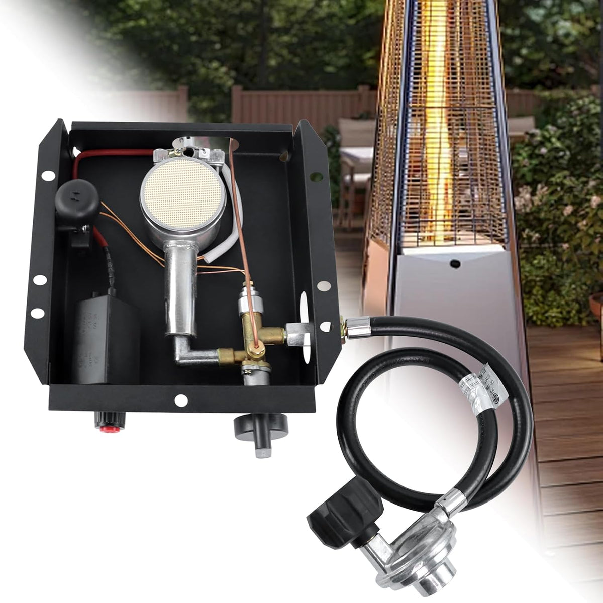 7 Bolt patio heater glass tube burner module replacement part 47000 BTU (including hose and regulating valve assembly kit）, suitable for square glass tube patio heaters, compatible with 3/4/7bolt