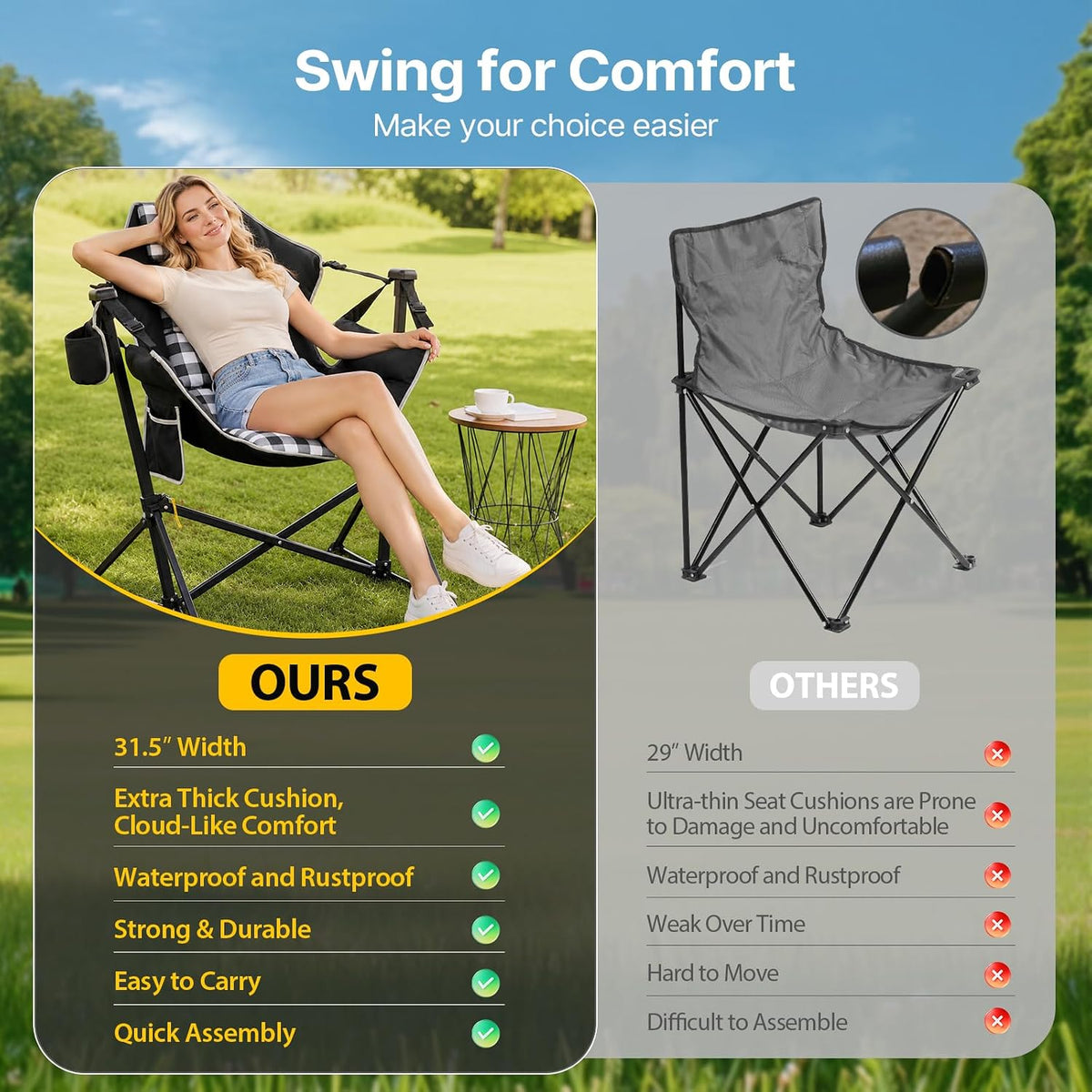 ZENPETIO Hammock Camping Chair with Footrest, Thick Padded Cushion, 500 lbs