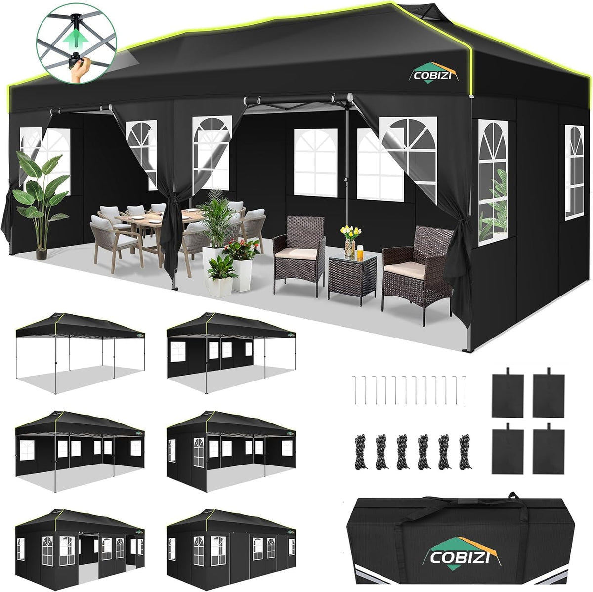 COBIZI 10x20 Pop Up Canopy Tent with 6 Removable Sidewalls, Outdoor, Black
