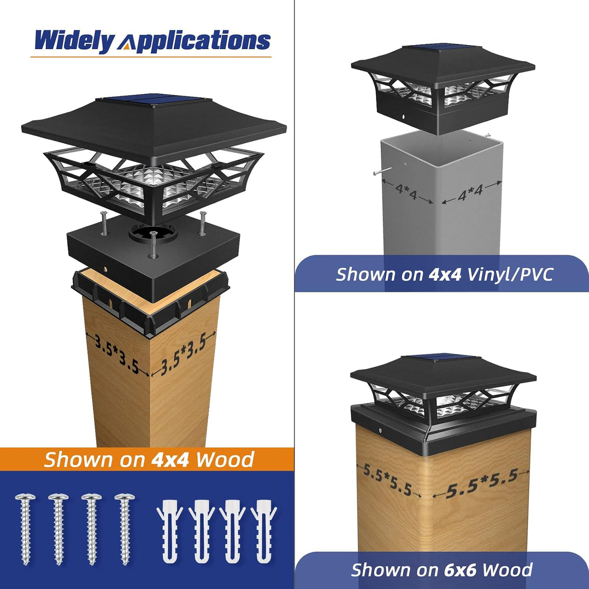 APONUO Solar Post Cap Lights with 8 RGB Colors and Multicolor Flow, Ultra-Bright Clear Lens, IP65 Waterproof for 4x4 5x5 6x6 Wood & Vinyl Fence Posts, 8 Pack Black