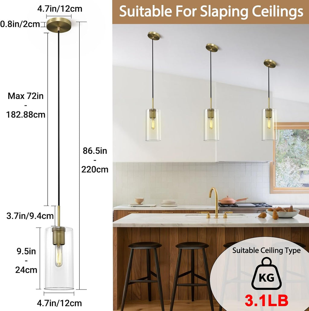 Modern Brass Pendant Lights Kitchen Island Glass Pendant Light Fixtures, 9.5'' Farmhouse Clear Glass Cylinder Pendant Light, Gold Kitchen Pendant Lighting over Island Sink, E26 Bulb Included