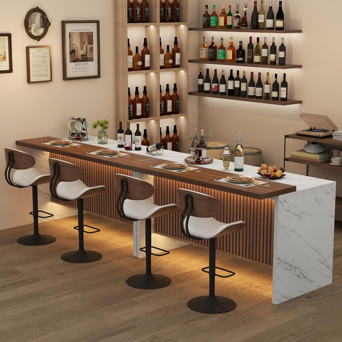63" Large Imitation Marble Bar Table, Kitchen Island Table with LED Lights