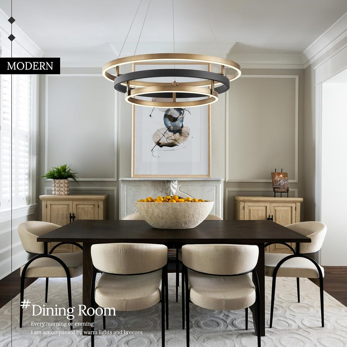 3 Ring LED Chandelier Modern Chandeliers Black Gold Brass Dimmable 24''