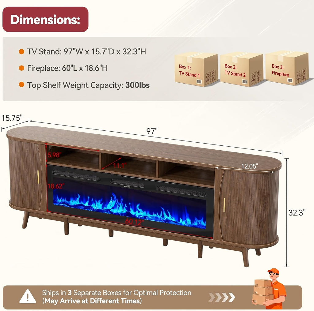 97" Fireplace TV Stand for 100" TV, Mid Century Modern Entertainment Center with 60" Electric Fireplace, Media Console with Sliding Doors & Adjustable Shelves for Living Room, Walnut