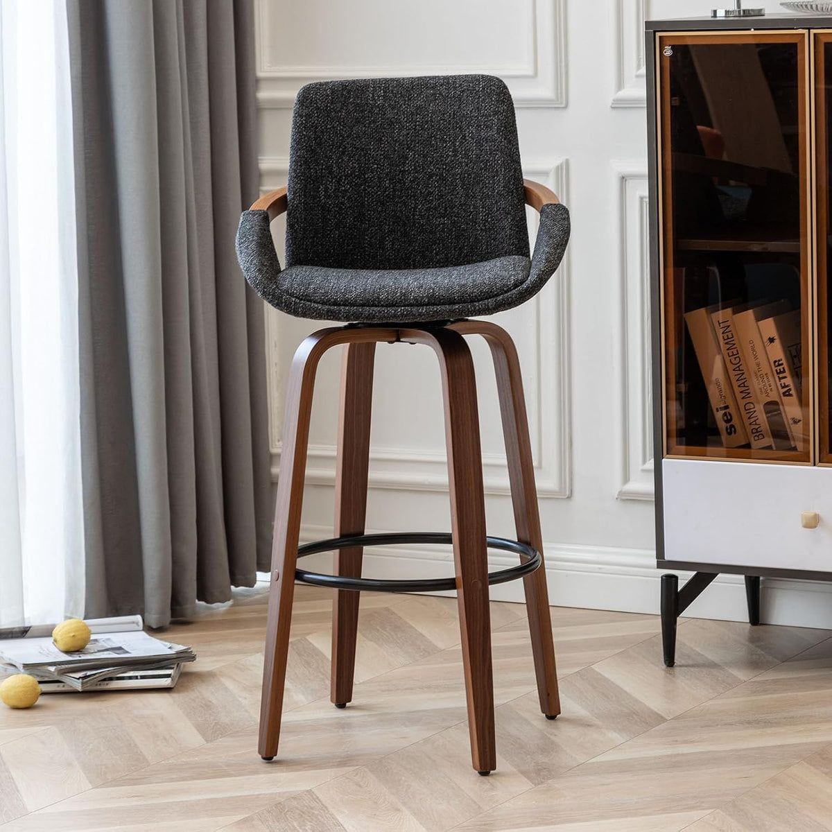 LUNLING 29.5" Set of 3 Bar Height Barstools Mid Century Modern Retro Bar Chairs Charcoal Gray Linen Look Fabric Upholstered and Walnut Wood Frame for Home Bar Furniture(Darkgray)