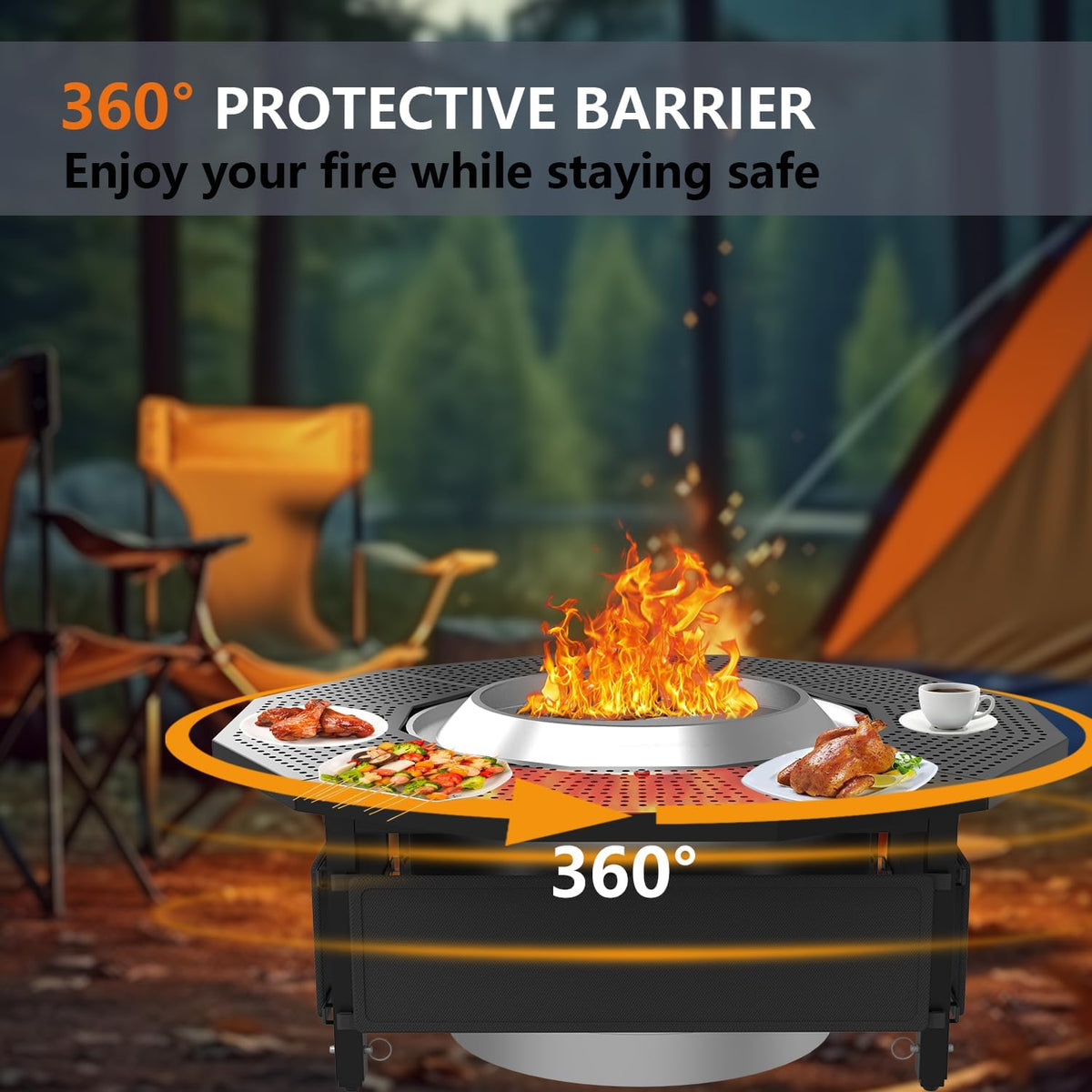Fire Pit Surround Tabletop for Solo Stove Bonfire Ranger 2.0, with Coated Steel and UV-Resistant Outdoor Fabric, Adjustable Tabletop for Solo Stove Bonfire Accessories, Thick Metal