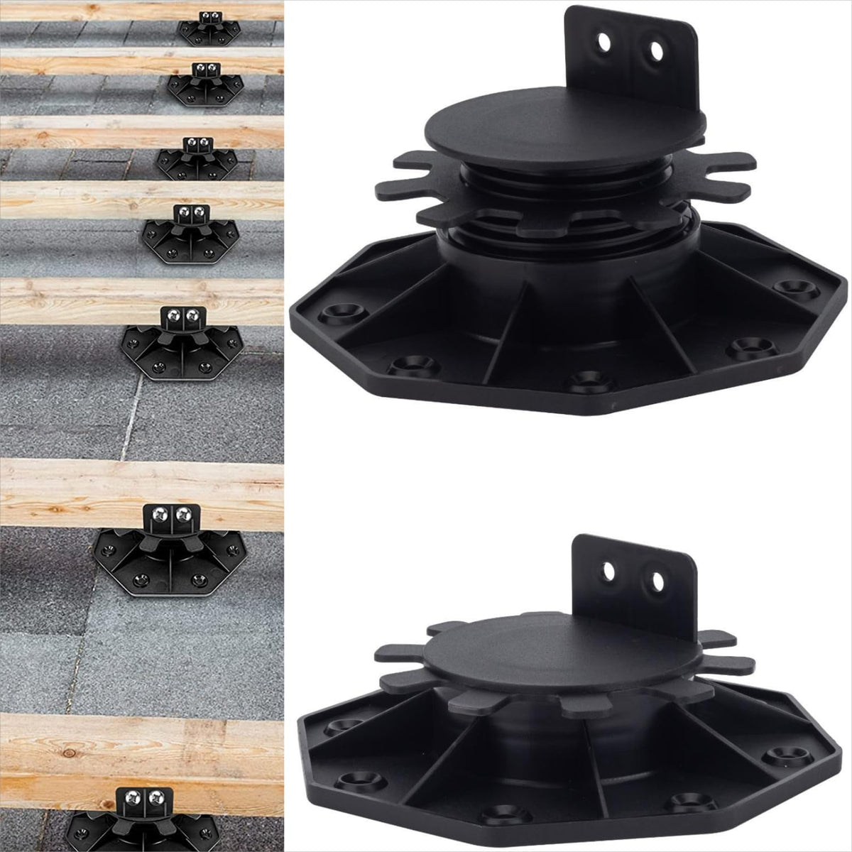 12Pack Adjustable Deck Support Pedestal - Base Support for Floating Deck Platform, Adjusts 1-3/16" to 2-3/8", Black