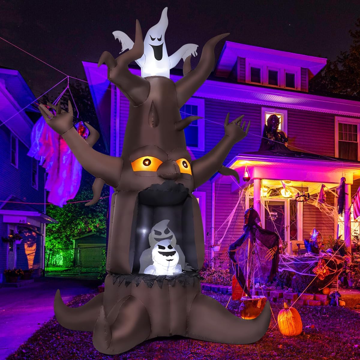 GOOSH 9 FT Halloween Inflatable Animated Dead Tree Outdoor Decorations Blow Up Yard Scary Tree And White Ghost With Built-In LEDs For Outdoor Garden Lawn Party Decor