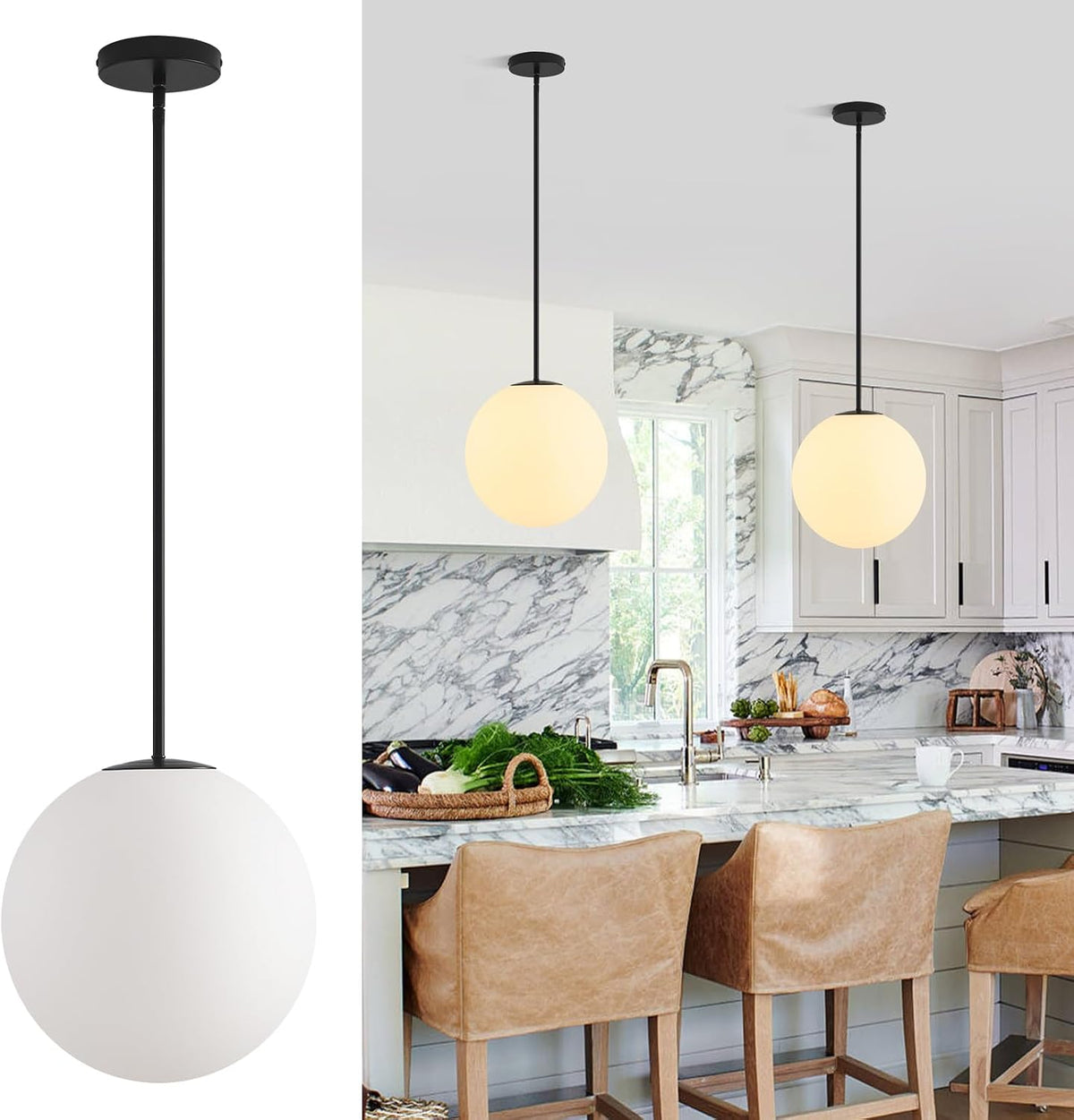 11.8in Milk Glass Pendant Light, Large Mid Century Modern Pendant Lights Kitchen Island, Black Fininsh Hanging Light Fixture for Dining Room Over Table Sink Hallway, Black & Milk 1 Pack