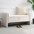 52" Upholstered Storage Bench, White, Armrests, Wood Frame